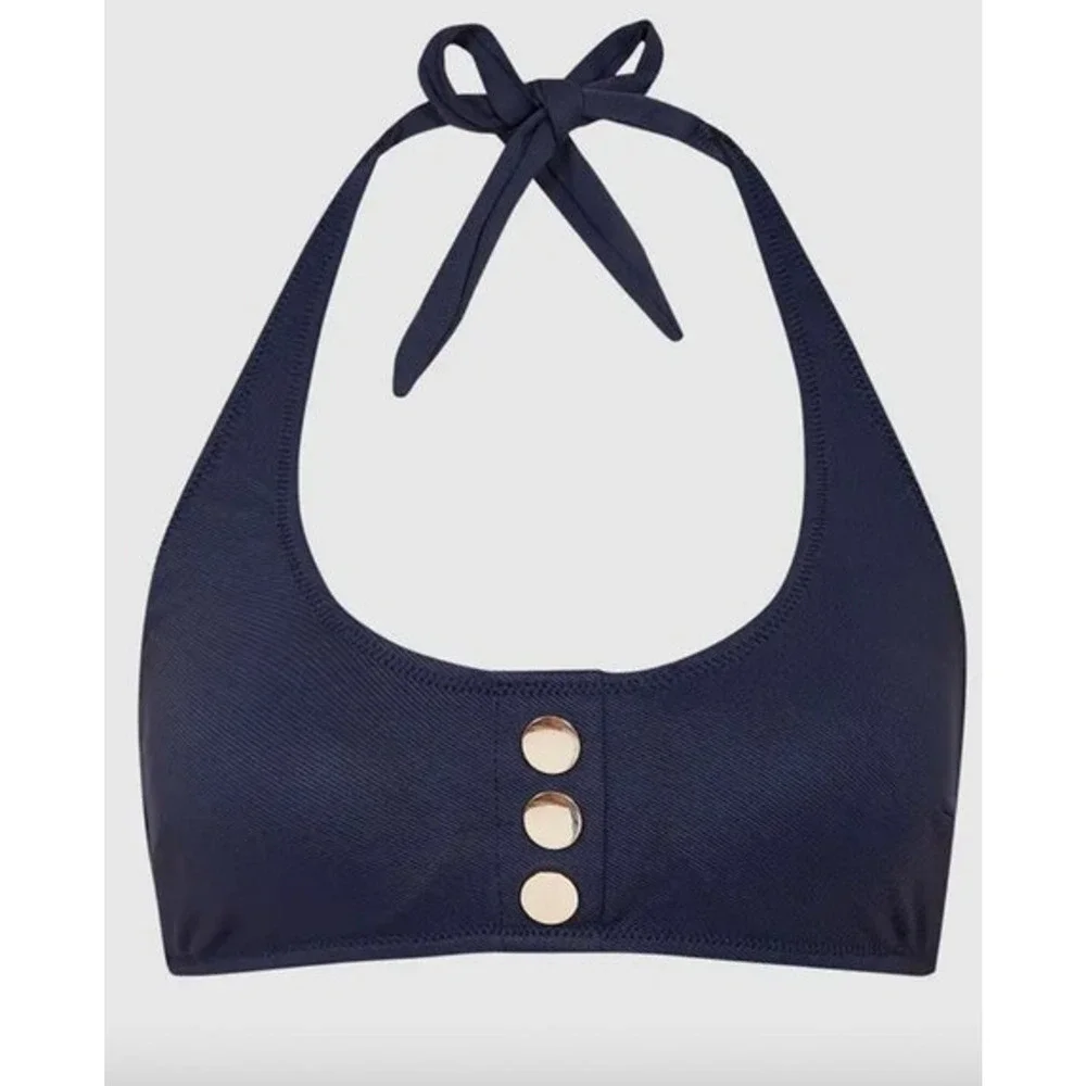 REISS Bathing Suit Top Size 4 NEW Navy Blue Bikini Halter Bailey Button Swimwear
